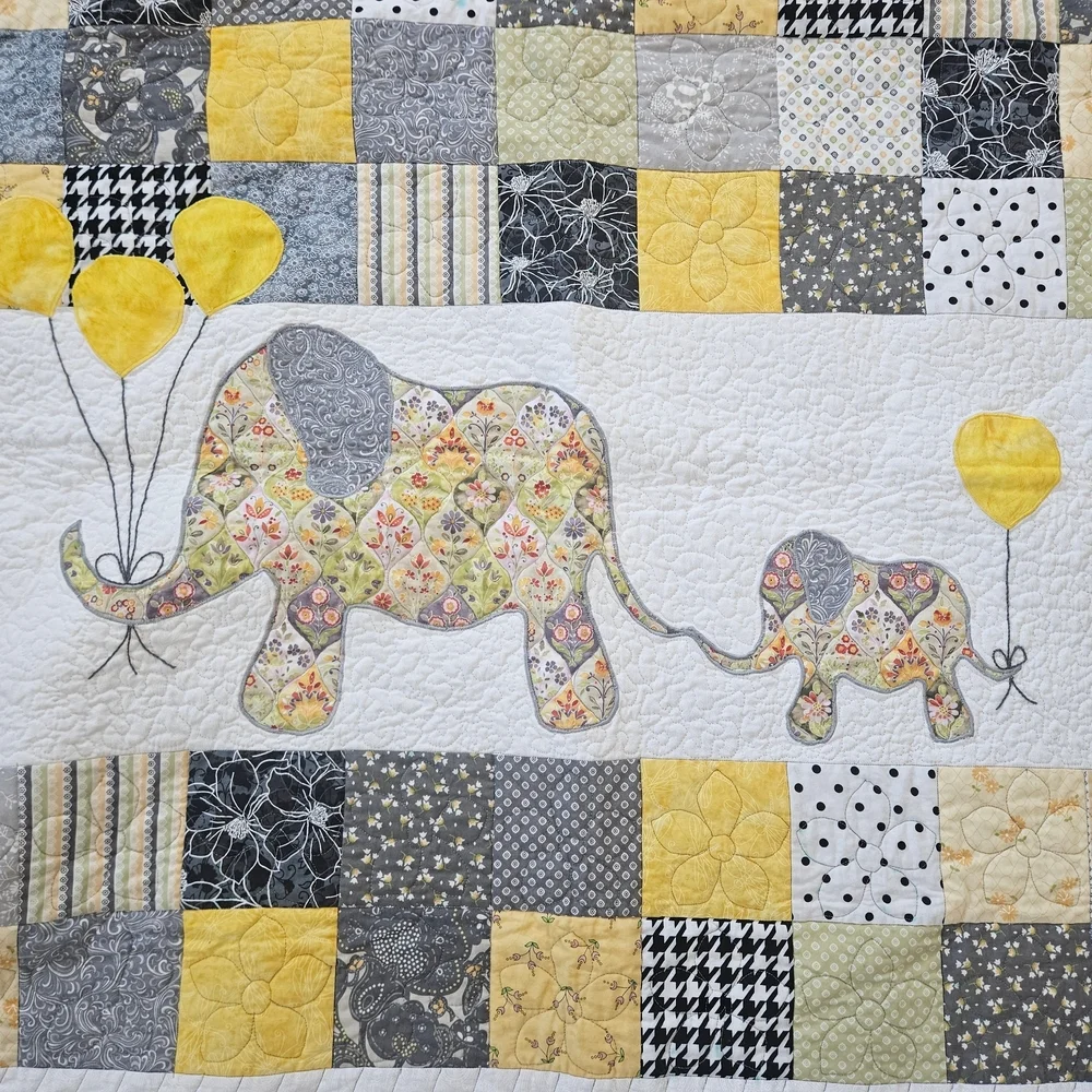 Patchwork Elephant Baby Quilt - Yellow and Gray